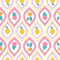 A refreshing ogee pattern featuring vibrant pink, yellow, and green flowers with bright lemons. The simple yet stylish design creates a seamless, repeating motif suitable for a variety of products.
