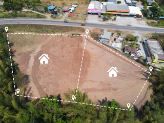 vacant land management land reclamation for land plot for building house aerial view, land pins...