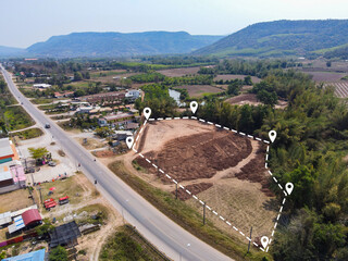 vacant land management land reclamation for land plot for building house aerial view, land pins...