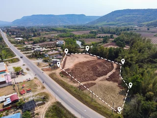 Fotobehang vacant land management land reclamation for land plot for building house aerial view, land pins location for housing subdivision residential development owned sale rent buy or investment home expand © Bigc Studio