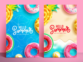 Hello summer poster set design. Hello summer text with floater inflatable element in background. Vector illustration summer greeting collection layout.