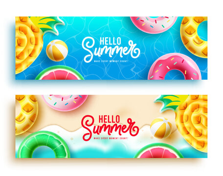 Hello summer vector poster set design. Hello summer greeting text with beach element in seashore and sea background. Vector illustration summer banner.