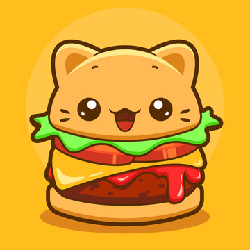 Hamburguesa gato kawaii, hamburguesa en forma de gato,  gatito en forma de hamburguesa, hamburguesa kawaii, ilustracion infantil, caricatura, vector, sin fondo, ilustracion bonita