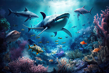 Naklejka na ściany i meble Beauty of the sharks underwater ocean with aquatic animals and coral, generative Ai