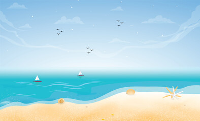 Fototapeta na wymiar summer beach landscape background illustration, Beautiful cartoon Background, illustration of beach scene. Summer vacation and travel concept background. blue clear sky background,