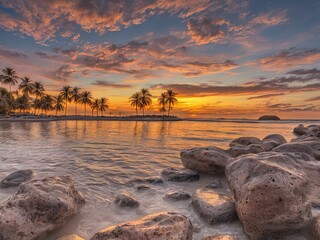 Amazing sunset over a tropical beach with palm trees and rocks, Generative AI