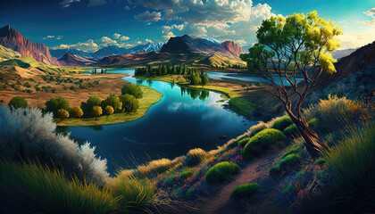 Fototapeta na wymiar HD Vibrant Nature landscape background generative ai illustration 