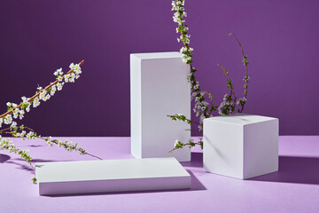 Rectangle and cube podiums in white color displayed with some white flower branches. Minimalist...