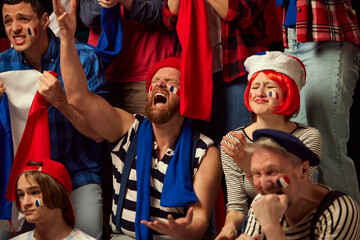 Tense game moment. People, football fans emotionally watching championship of france team. Losing game. Misfortune. Concept of sport, cup, world, team, event, competition