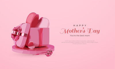 happy mother's day design vector with open pink gift box illustration. realistic vector. Premium design for greeting, poster, banner and social media post.