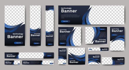 Set of web banners of different sizes with diagonal red elements and a place for photos. vector