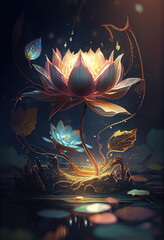 Lotus flower, Water lily. Fairy-tale blooming lotus flower in water in a magic moon light. Generative ai illustration, watercolor drawing