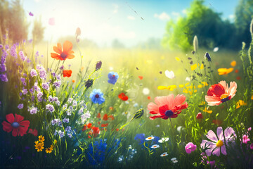 Fototapeta na wymiar Paysage de printemps ensoleillé, arrière plan printanier avec herbe et fleurs - Générative IA