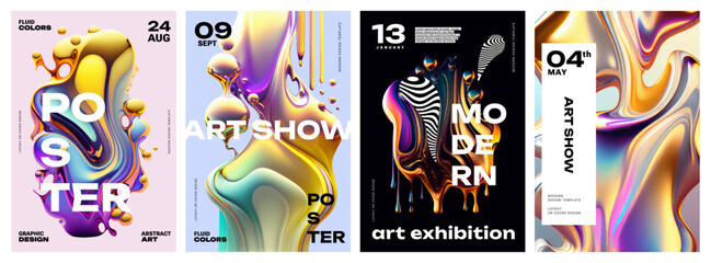 Abstract art posters, covers or prints set with liquid shapes, gradients in luminous colors and typography design. Modern design templates for art show or exhibition, night party, musical event, promo