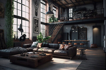 Living room loft in industrial style, generative AI