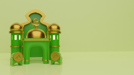 3d rendering ramadan background on green colour with mosque, copy space text area