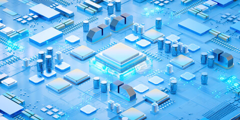 3D rendering of cyberpunk AI. Circuit board. Technology background. Central Computer Processors CPU and GPU concept. Motherboard digital chip. Tech science background.