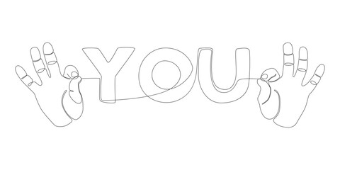 One continuous line of hand with You word. Thin Line Illustration vector concept. Contour Drawing Creative ideas.