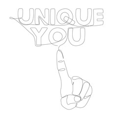 One continuous line of hand with Unique You word. Thin Line Illustration vector concept. Contour Drawing Creative ideas.