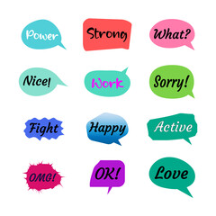 Set of colorful sticker with short message, hand drawn set of doodle bubble speech for chat symbol, dialog word, tag or label.