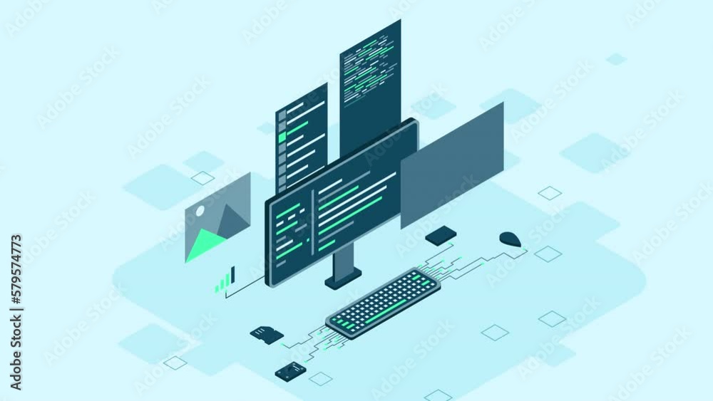 Poster Isometric desktop computer. Coding programming technology. Programming concept. Technology animation