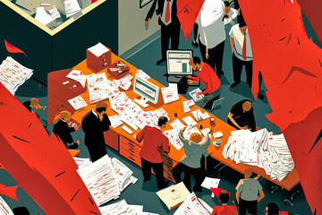 Chaos in the workplace, a few papers lying around and employees in a panic - obrazy, fototapety, plakaty