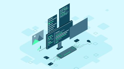 Isometric desktop computer. Coding programming technology. Programming concept. Technology animation