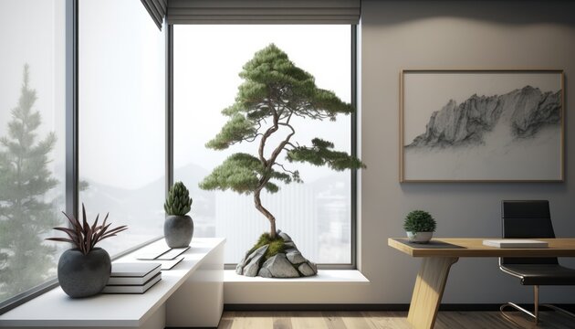 Modern and Minimalist home office zoom room with bonsai juniper in stone planter. Expansive city views from window.