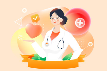 International nurses day, nurse holding love flower with flowers and medical supplies in background, vector illustration