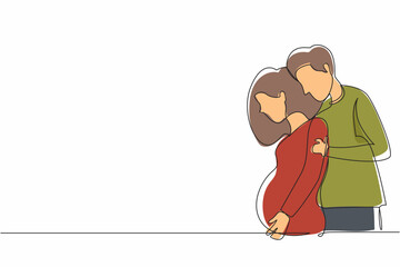 Continuous one line drawing man or husband carefully embraced pregnant woman. Husband and wife are expecting baby, young parents, family support. Single line draw design vector graphic illustration