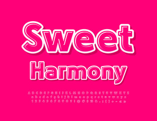 Vector pink emblem Sweet Harmony with Pink glossy Font. Bright Alphabet Letters, Numbers and Symbols set