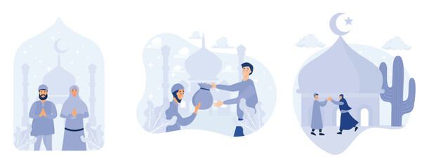 Forgive me body and soul, People giving zakat, happy ramadan and  eid fitr concept, set flat vector modern illustration 