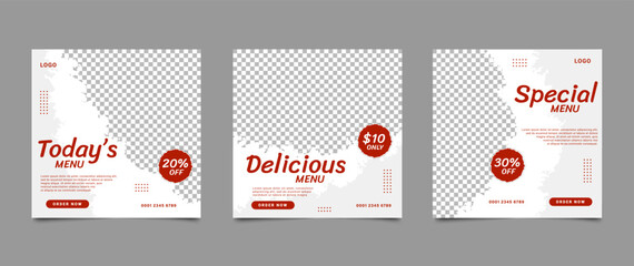 Social media food menu post template design. Editable social media square banner for restaurant and culinary promotion. Set of layouts for marketing on social media. Vector illustration.