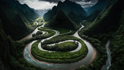 A serene view of a winding river meandering through a lush valley captured with a high  Generative AI