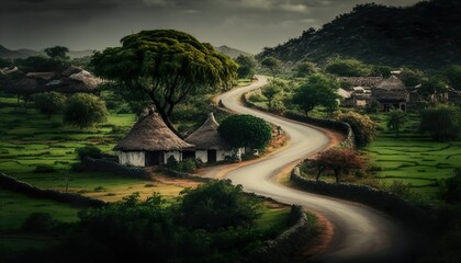 Fototapeta na wymiar An alluring view of the winding village road and surrounding greenery in Andhra Pradesh captured using a Canon EOS R6 camera and a 50mm lens at f/8 aperture Generative AI