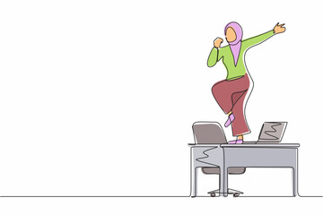 Single continuous line drawing happy office worker dancing on desk. Arabian businesswoman dancing while sitting at desk. Having fun at work. Work from home concept. One line draw graphic design vector