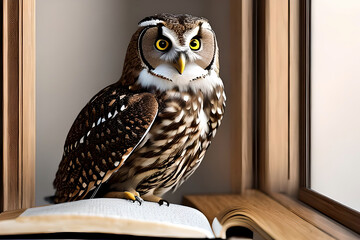 AI generated image of an owl on top of an open book beside a window. Owls always being a symbol of wisdom.