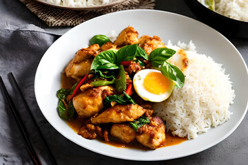 Fototapeta premium AI generated image of the Pad Krapow, popular Thai dish that consists of rice, stir-fried minced meat with Thai holy basil.