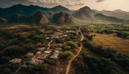 A breathtaking aerial shot of a quaint Andhra Pradesh village surrounded by majestic hills captured with a high  Generative AI