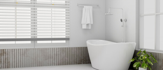 Naklejka na ściany i meble Modern white and clean bathroom interior design with elegant bathtub, towel on towel rack, window
