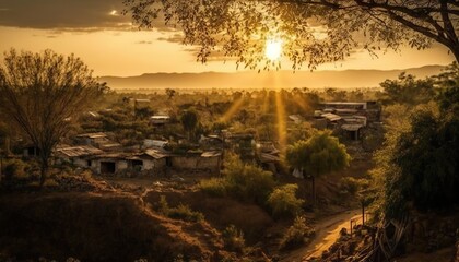 A beautiful view of the village landscape with the sun shining through the trees in Andhra Pradesh captured using a Canon EOS 90D camera and a 10  Generative AI