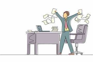 Continuous one line drawing happy businessman, company leader or office worker throwing documents in air, enjoying business success while sitting at workplace. Single line draw design vector graphic