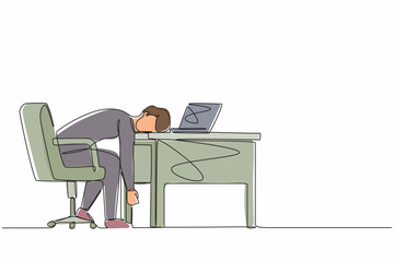 Continuous one line drawing professional burnout syndrome. Exhausted sick tired male manager in office sad boring sitting with head down on laptop. Single line draw design vector graphic illustration