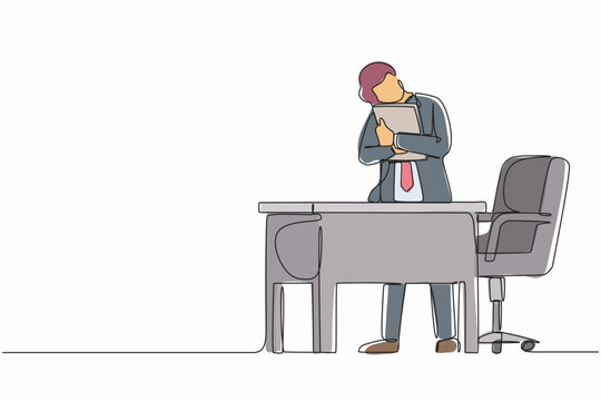 Single continuous line drawing businessman hugging laptop at office. Love to computer concept. Young emotional male. Human emotions, facial expression. One line draw graphic design vector illustration
