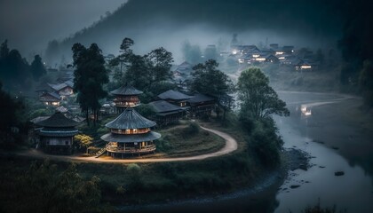 A serene village nestled in the forest captured with a Pentax K  Generative AI