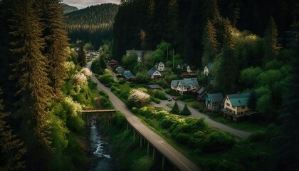 Fototapeta na wymiar An idyllic village surrounded by lush forests in the Pacific Northwest taken with a Fujifilm X Generative AI