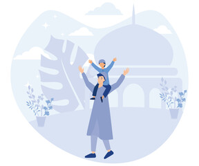  father taking his child to the mosque, teaching prayer since childhood, flat vector modern illustration 