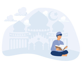 Obraz premium Muslim man reading Quran against night background with crescent moon, stars and mosque silhouette, Laylat al-Qadr, flat vector modern illustration 