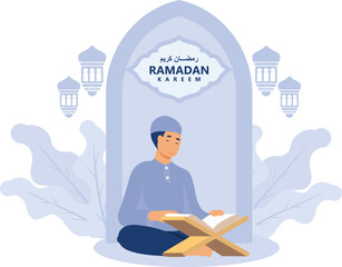  themed Muslim and Ramadan,  image of a mosque and hanging lantern for greeting cards,  flat vector modern illustration