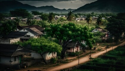Fototapeta na wymiar A picturesque view of the village houses and the surrounding greenery in Andhra Pradesh captured using a Sony A7 III camera with a 50mm lens at f/5.6 aperture Generative AI